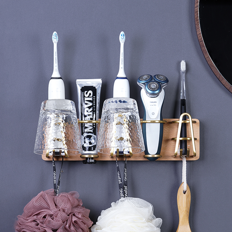 Solid wood punch-free toothbrush holder bathroom nail-free electric razor hair dryer rack wall-mounted mouthwash cup holder