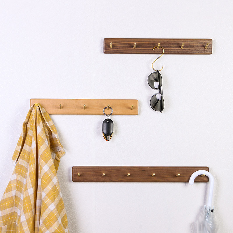 Black walnut wall coat hook solid wood living room porch free punching row hook bathroom door rear coat rack