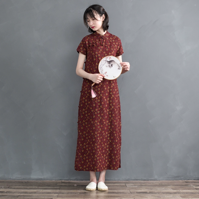 Sản phẩm mới mùa hè được cải tiến sườn xám, váy văn học in vải cotton và vải lanh retro, sườn xám ngắn tay của phụ nữ trí thức - Sản phẩm HOT