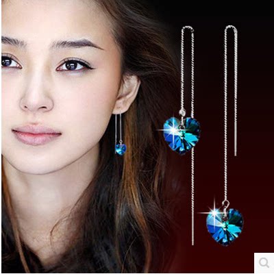 South Korean female long version of Ocean Hearts Earrings 925 pure silver blue crystal earrings with Suear needles Anti-allergy