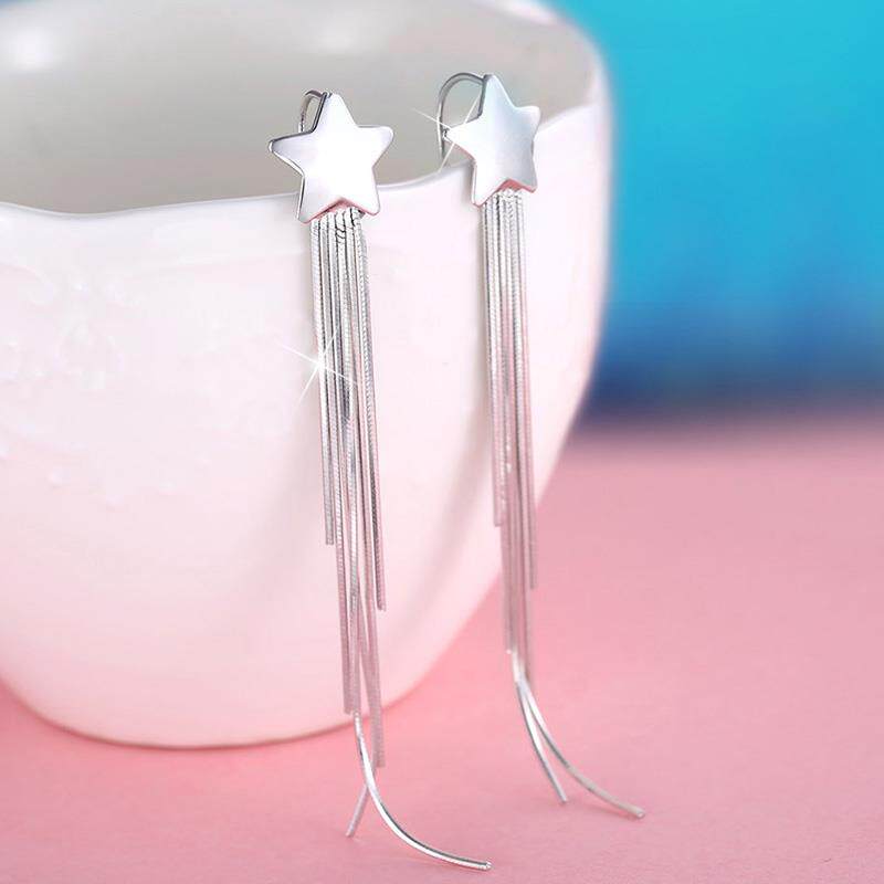 S925 silver fashion simple all-match face-lifting atmosphere pentagram long version tassel earrings ear acupuncture hypoallergenic female