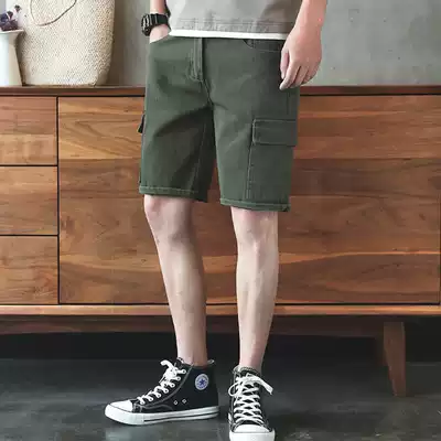 Five-point jeans men's fashion brand summer overalls casual pants Korean loose multi-pocket military green hip-hop pants tide