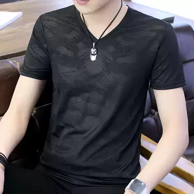 Men's ice silk short-sleeved T-shirt thin V-neck T-shirt summer trend brand mulberry silk top men's breathable black men's clothing