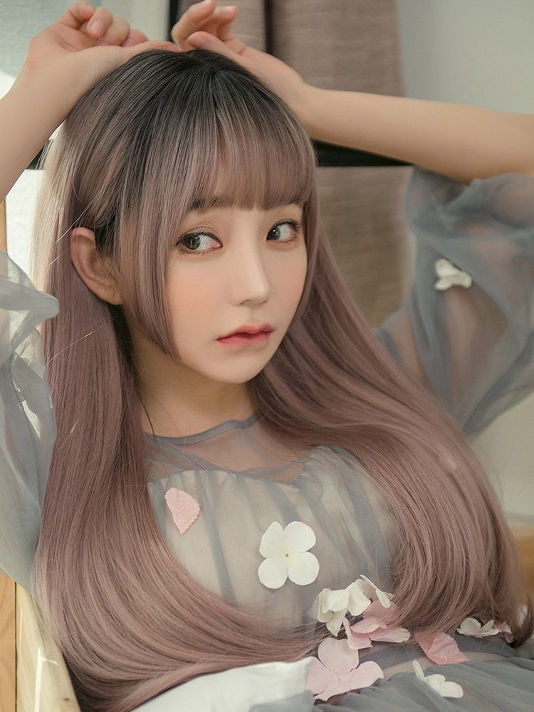 Wig female long straight cos black long straight gradient color Princess cut Ji hair style lolita Japanese ladyboy full headgear