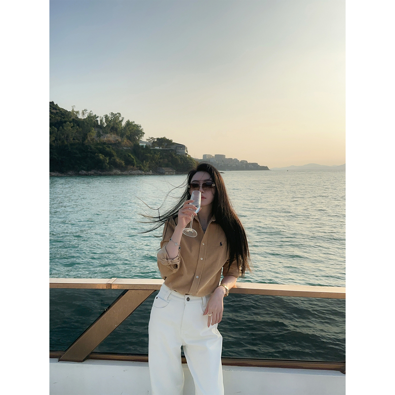 Zeng11 Zeng 11《Rl Little Horse》Khaki Retro Embroidered Corduroy Shirt Women's Spring Long-Sleeved Top