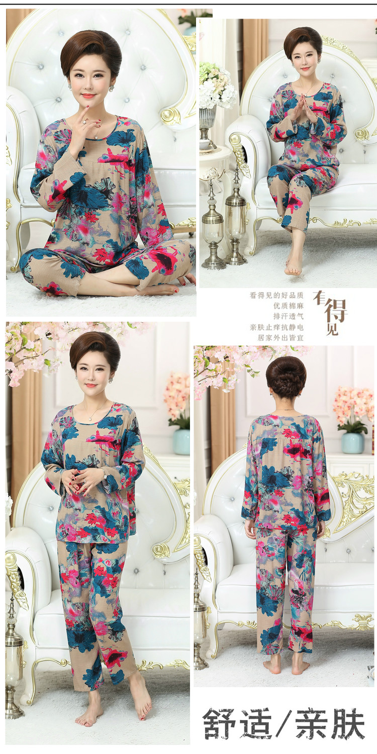 Đồ ngủ trung niên nữ mùa xuân và mùa thu cotton cotton dài tay đồ ngủ mẹ phù hợp với tre bông dịch vụ nhà XL đồ bộ
