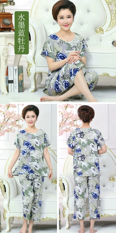 Mùa hè trung niên bông đồ ngủ cộng với phân bón để tăng phụ nữ nhân tạo bông mẹ mặc quần áo bộ ngắn tay bông lụa nhà dịch vụ đầm ngủ 2 dây