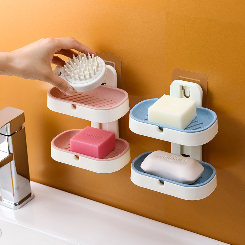 Double Layer Drain soap box Creative suction cup free punch wall hanging toilet soap box bathroom soap rack shelf