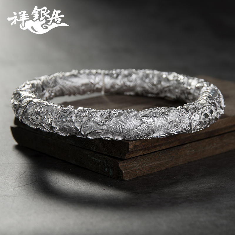 Xiangyinju Cylindrical Pure Silver Hand-Carved Magpie and Peony Open-Ended Plain Silver Bracelet. Heirloom