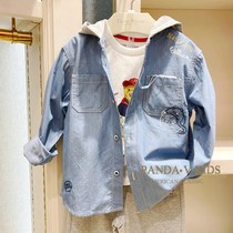 Teenie Weenie小熊童装21春秋新款中大童全棉长袖牛仔衬衫连帽潮