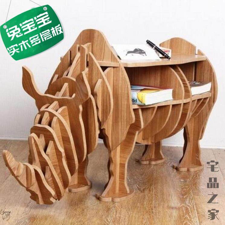 Creative rhinoceros side table tea table porch animal shape bookshelf rack wooden decoration soft window props