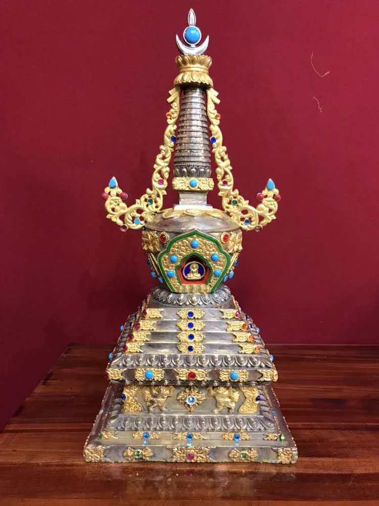 Tibetan Tantric hand-inlaid brushed gold painted pagoda home dedicated Buddha hall living room decoration height 45cm