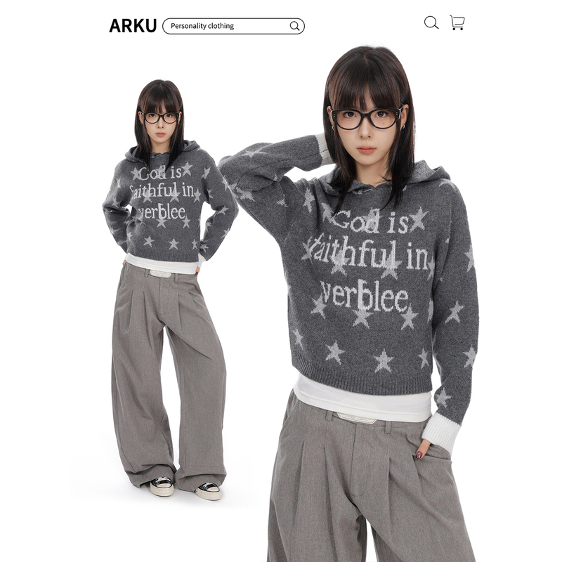 Arku American-Style Letter Star Jacquard Hooded Sweater for Women, Autumn and Winter Lazy Versatile Casual Short Knit Top Arku American-Style Letter Star Jacquard Hooded Sweater for Women, Autumn and Winter Lazy Versatile Casual Short Knit Top