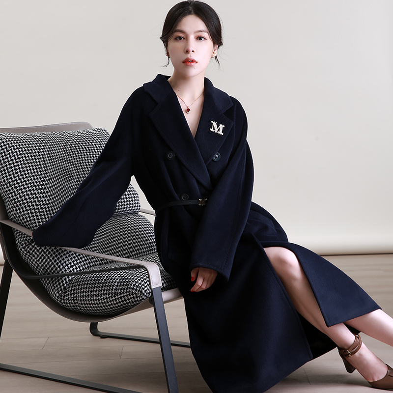 Nz Upgraded Version Double-Breasted Alpaca Wool Coat for Women, Mid-Length, Dark Navy Blue 101801, Thickened Wool Jacket
