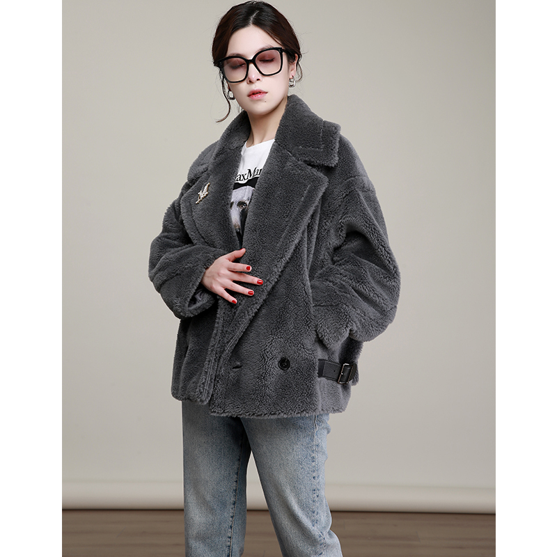 Nz Heavy-Duty Biker-Style Retro Tone Gray-Black All-Wool Teddy Bear Coat Women's Short Jacket Warm