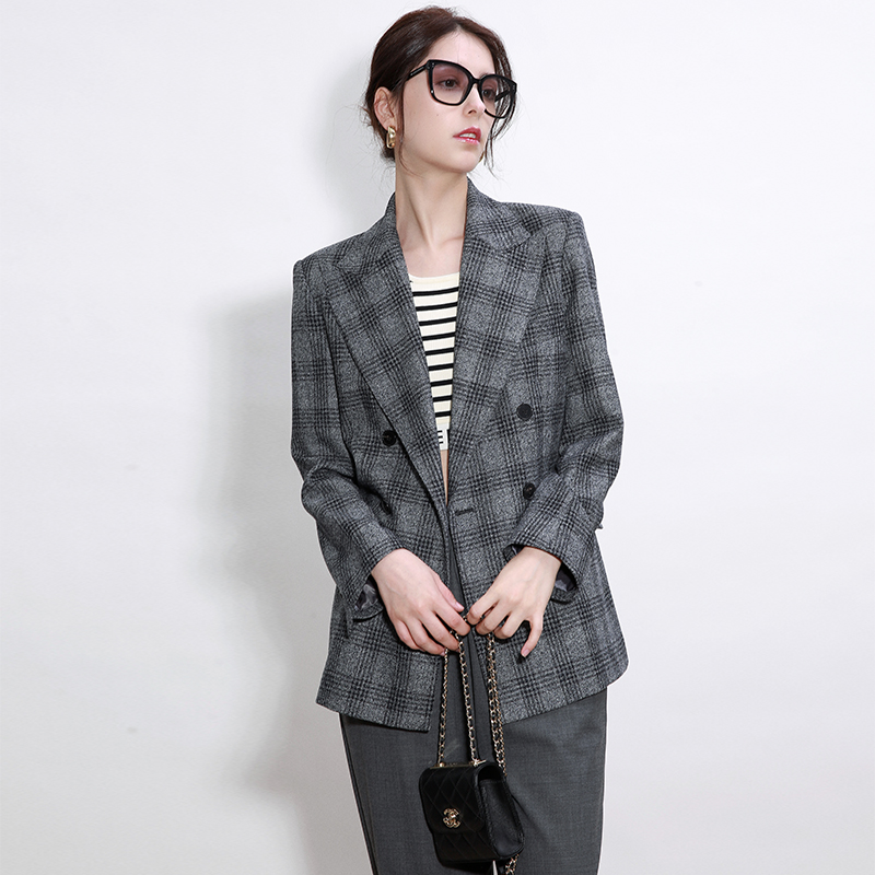 NZ retro Herbenwind double-row buckle advanced senses fine spinning wool plaid suit woman jacket 2022 spring new