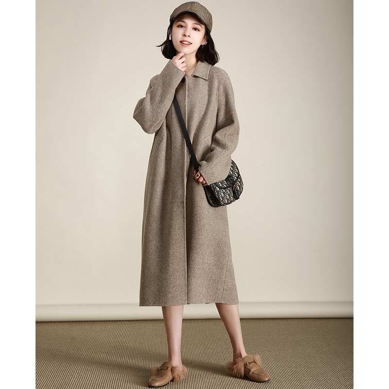 NZ Brief Casual Grey Climbing Plaid Small Square Collar Single Row Buttoned Mid-Face Cashmere Big Coat Woman Coat Autumn Winter