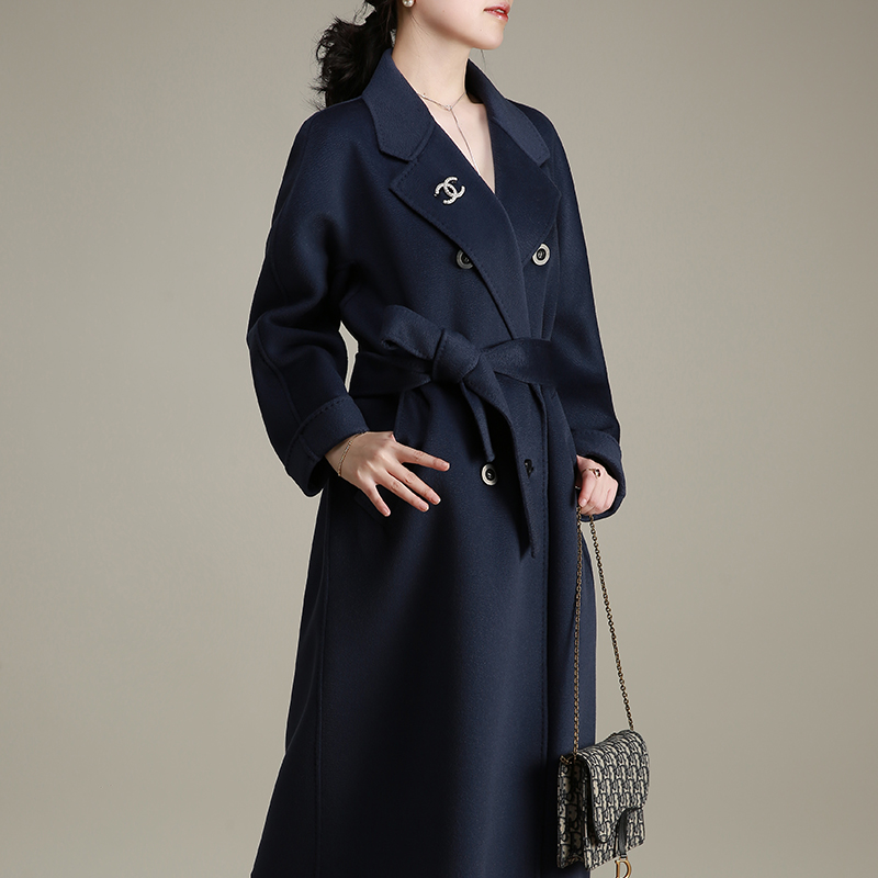 NZ light and luxurious high-end pure Kashmiri wool 101801 Double rows of buttons hidden cyan water corrugated bifacial cashmere Grand coat woman