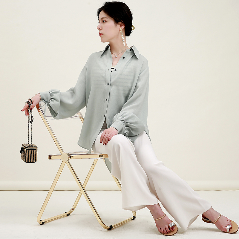 NZ Head Top Pint Flax Texture 100 Triacetate lantern sleeves Loose Outline Shirt Woman Spring Summer Shirt Blouse