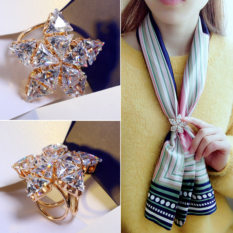 Multi-triangle zircon pentagon silk scarf buckle professional tricycle silk towel ring business hall