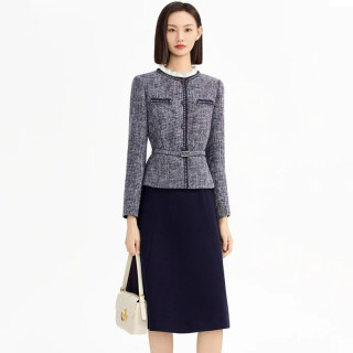 Najia's same style women's clothing 25th autumn and winter new tweed slimming fake two-piece temperament dress