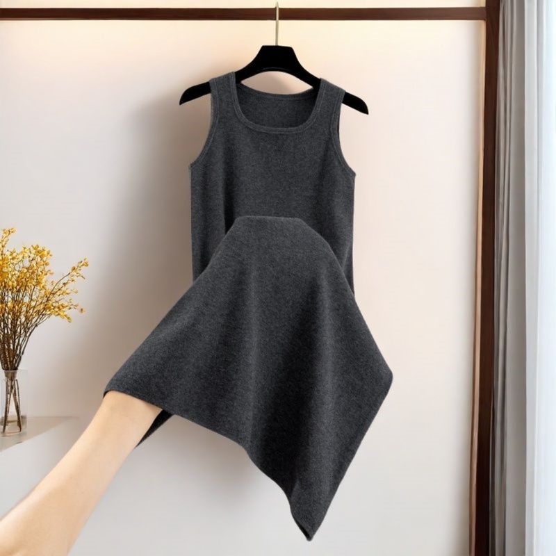 Wool Knitted Camisole Dress for Women, New Autumn and Winter Mid-Length Square-Neck Sleeveless Sweater with Inner Lining