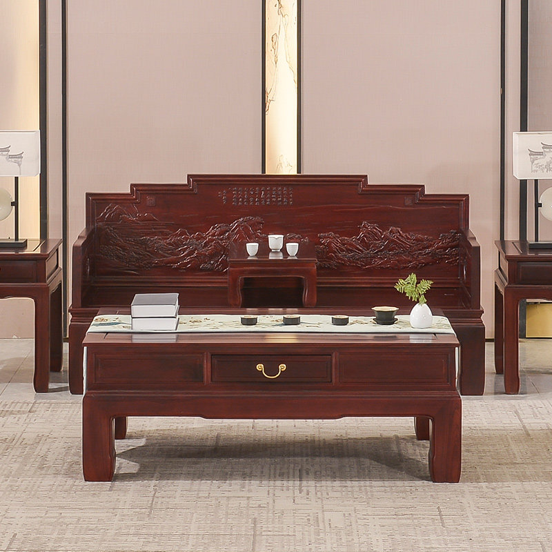 Mountain watercolor cloud solid wood sofa combination elm furniture imitation mahogany classical living room arhat bed pineapple grid sour branch color