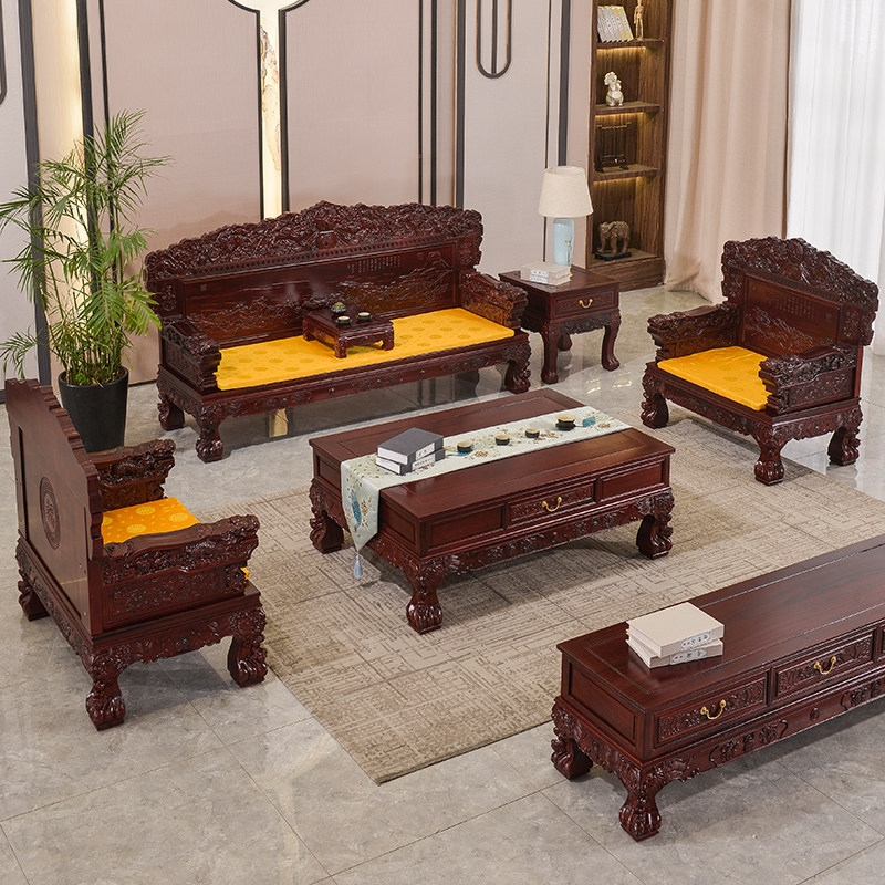 New Chinese style solid wood sofa combination living room furniture African pineapple Ge Mingqing carved classical rose pear color sour branch color