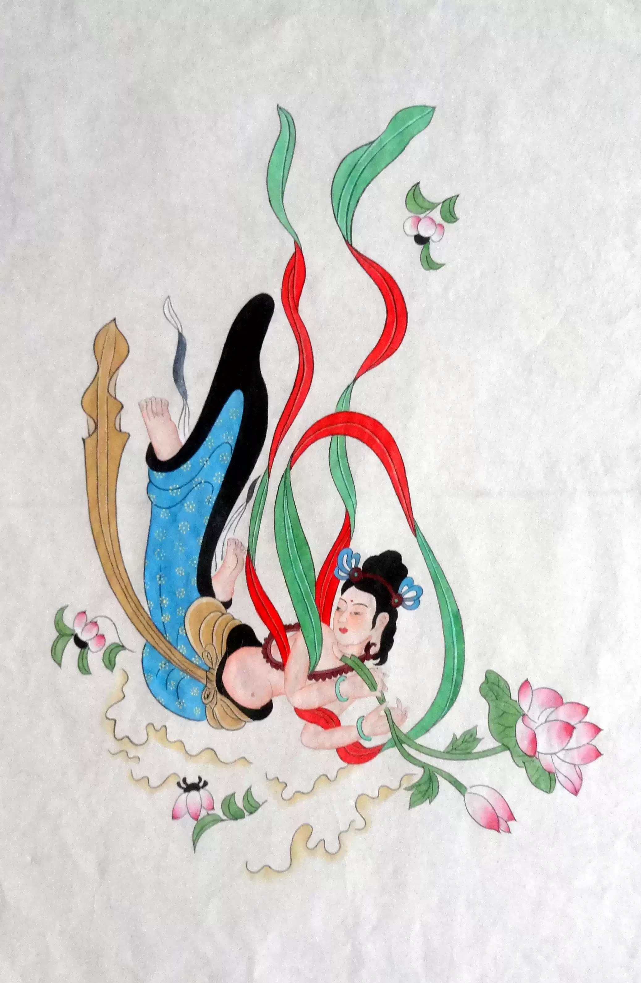 纯手绘工笔人物国画张大千敦煌飞天仿画43X68cm画心