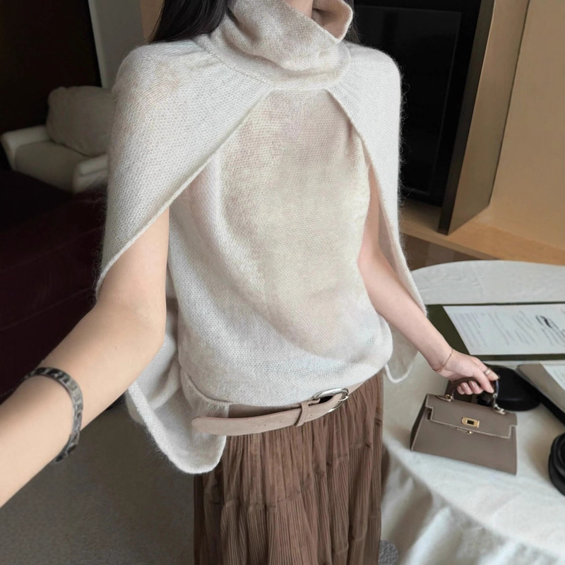 Hua Yi [Shanghai High Edition] 25Ss New High-End Versatile Retro Knitted Wave-Pattern Turtleneck Cape Vest Top