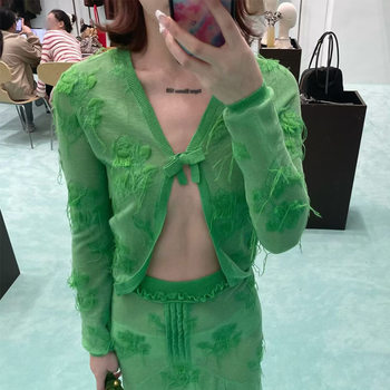 Floral One [Shanghai High Version] One-Button Bow Jacquard Thin Sheer Knit Cardigan for Women Shushuto