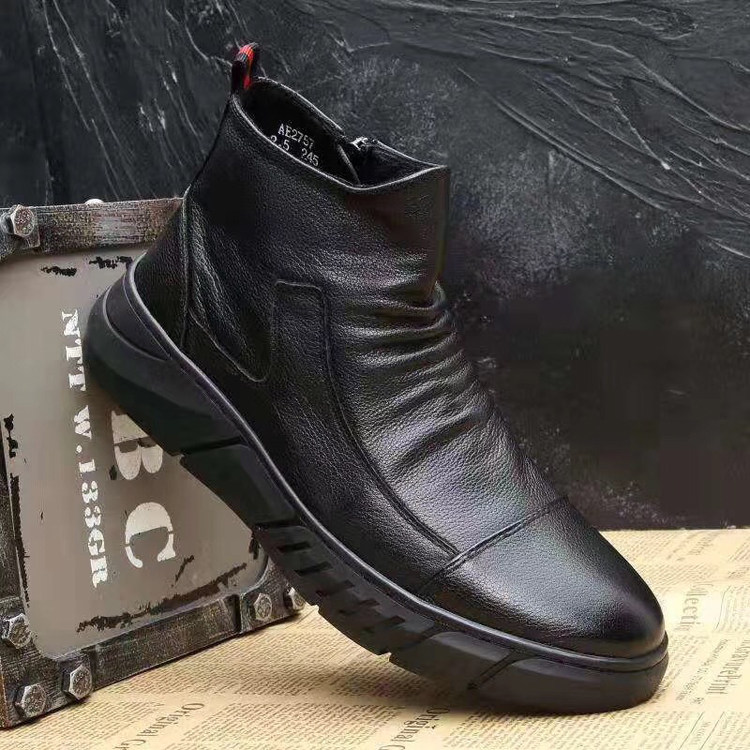 Men's toe layer cowhide high leather shoes autumn and winter men's plus velvet cotton warm Martin boots British leather boots short boots