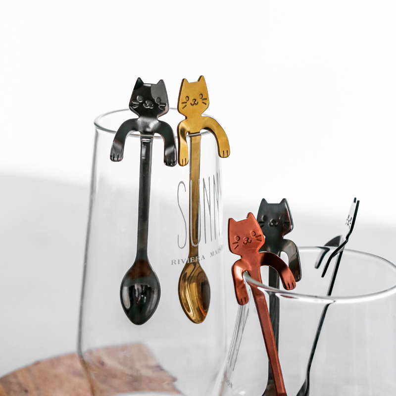 April MEOW Cute Cat Coffee Spoon 304 stainless steel stirring spoon sweet spoonful spoon can be hung up along a small spoon-Taobao
