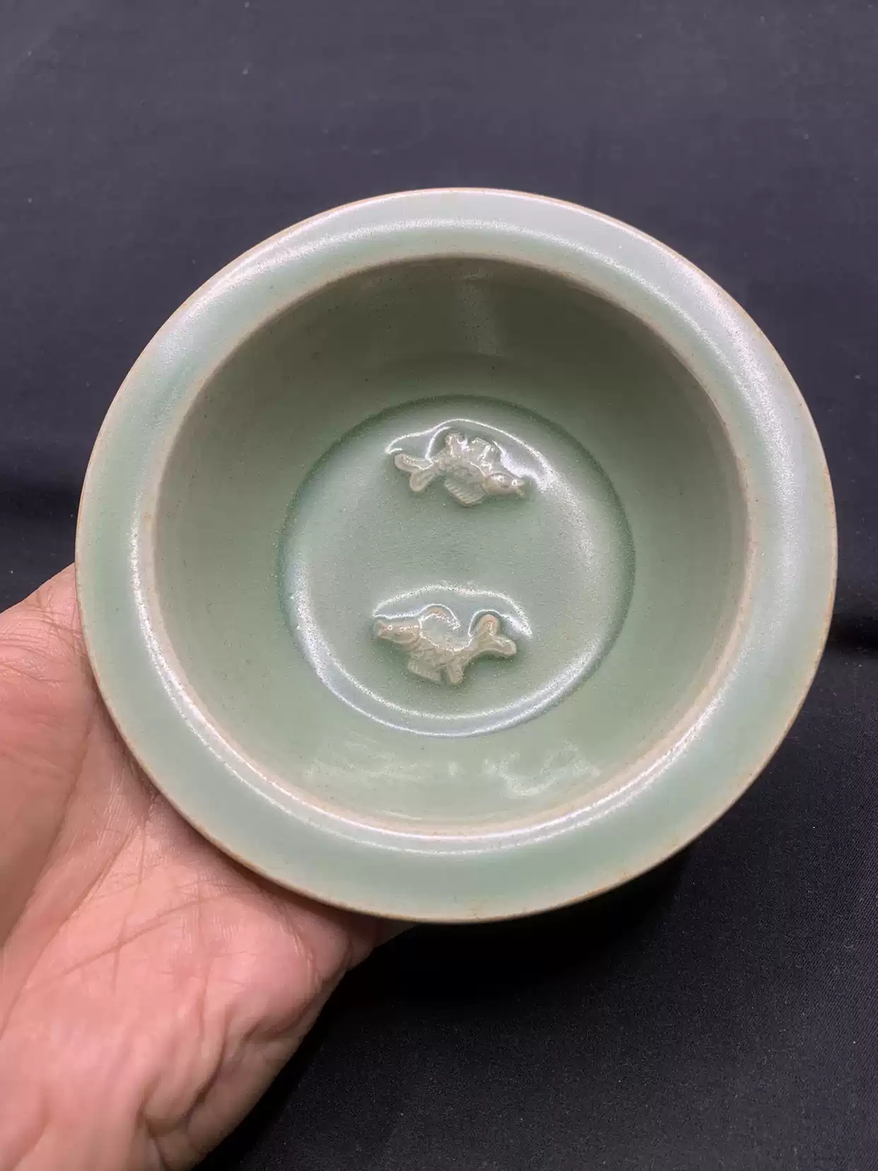 宋代龙泉窑青釉文房莲瓣双鱼洗古瓷器收藏品