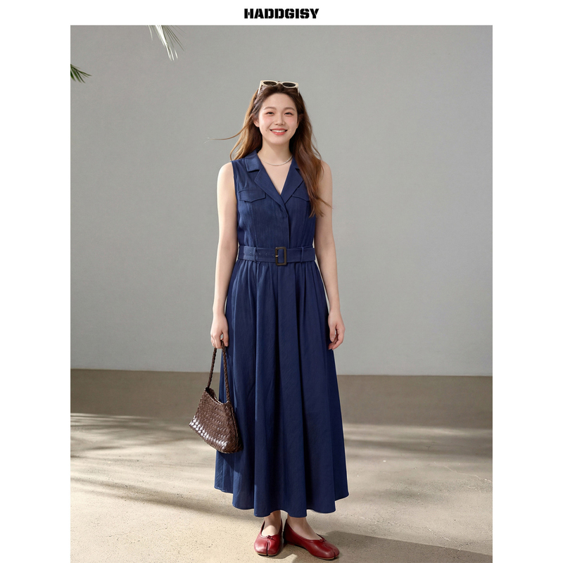 [in Stock, No Restock after Sold Out] Plus Size Denim Blue Sleeveless Dress for Slightly Chubby Women, Waist-Cinching and Slimming Long Dress