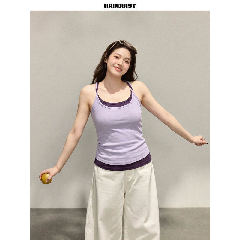 Zeng Xiaoxian Plus-Size Women's Clothing for Slightly Chubby Women, Faux Two-Piece Halter Neck Camisole, Summer Outerwear Design Top and Pants Set