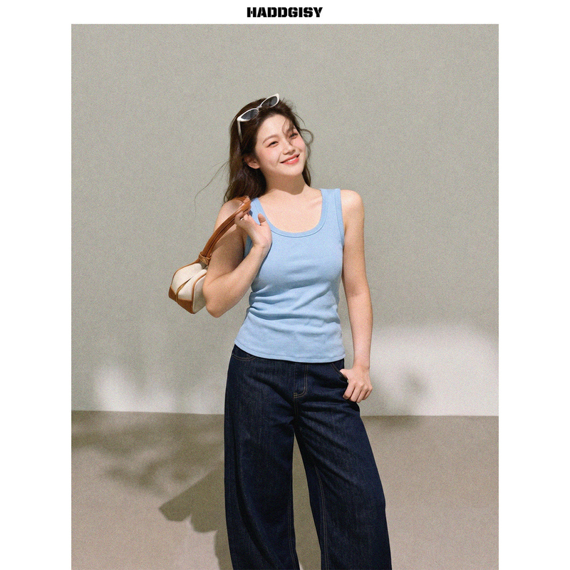 【In Stock 40% off 】Zeng Xiaoxian Plus Size Women's Blue Tank Top Summer Slim Fit Sleeveless Top for Slightly Chubby Girls