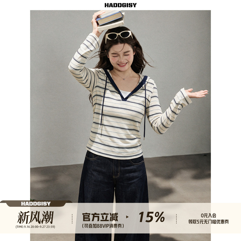 Zeng Xiaoxian Plus-Size Women's Striped Long-Sleeve Hooded T-Shirt, Thin Top for Early Autumn, Slightly Chubby Girls' Outfit with Pants Zeng Xiaoxian Plus-Size Women's Striped Long-Sleeve Hooded T-Shirt, Thin Top for Early Autumn, Slightly Chubby Girls' Outfit with Pants