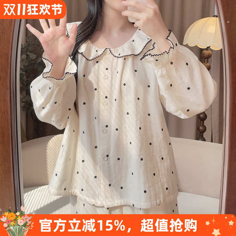 Autumn Pajamas for Women, Long-Sleeved Pure Cotton Gauze, Can Be Worn Outside, Polka Dot Doll Collar, Sweet Home Wear Set Autumn Pajamas for Women, Long-Sleeved Pure Cotton Gauze, Can Be Worn Outside, Polka Dot Doll Collar, Sweet Home Wear Set