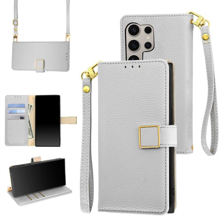 Gray Synthetic Leather Wallet with Lanyard Strap Samsung Phone Case