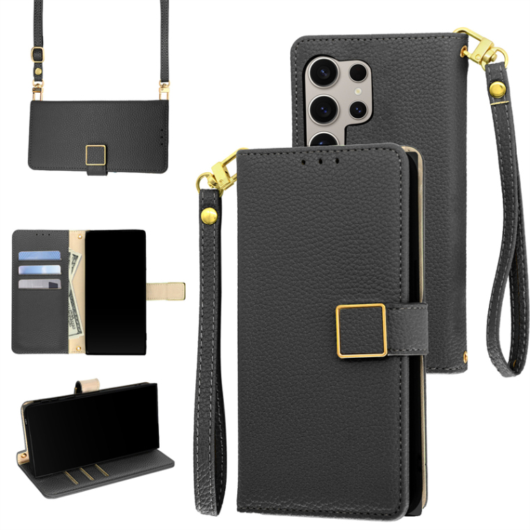 Gray Synthetic Leather Wallet with Lanyard Strap Samsung Phone Case