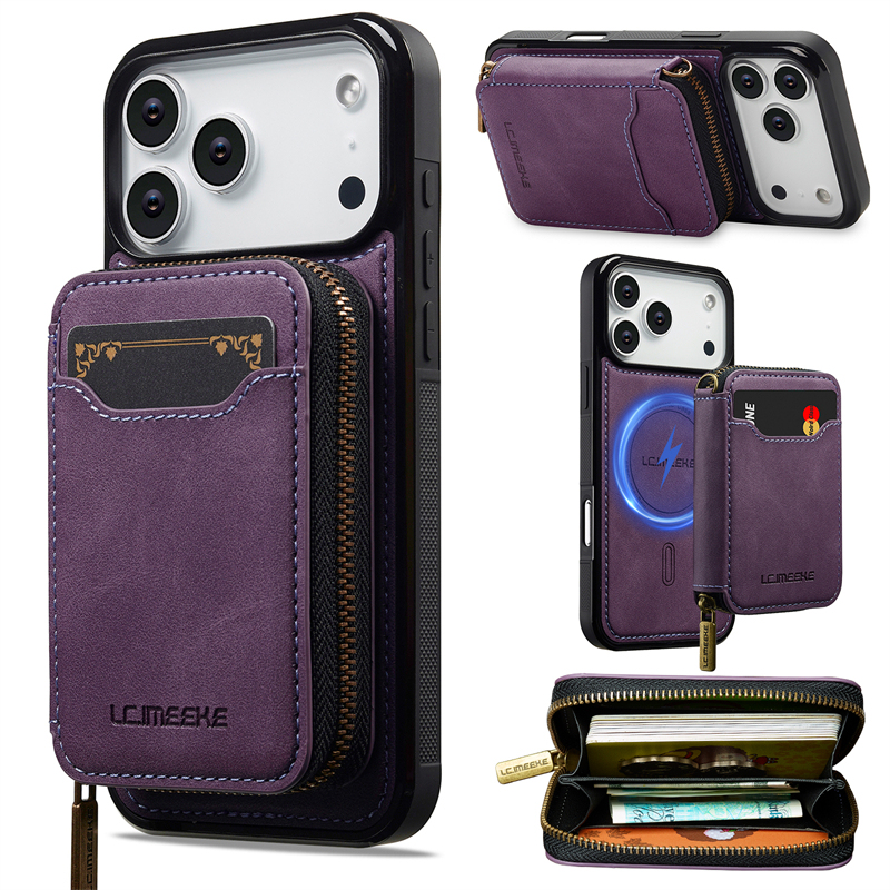 Two-In-One Zipper Case Suitable for 17E Apple 17 Pro Max Phone, New 16 Plus Anti-Drop Protective Cover, 15 Pro Card Holder, 13/14 Wallet-Style Leather Case, 12 Strong Magnetic Charging, Air Car Mount