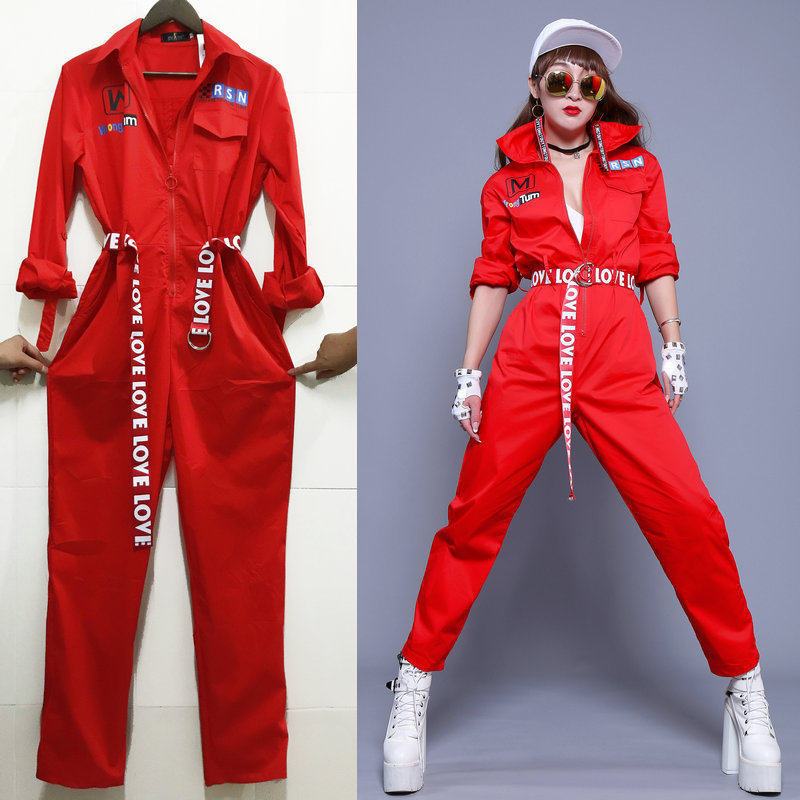 New men's and women's competition costumes square dance HIPHOP red jumpsuit JAZZ street dance performance set