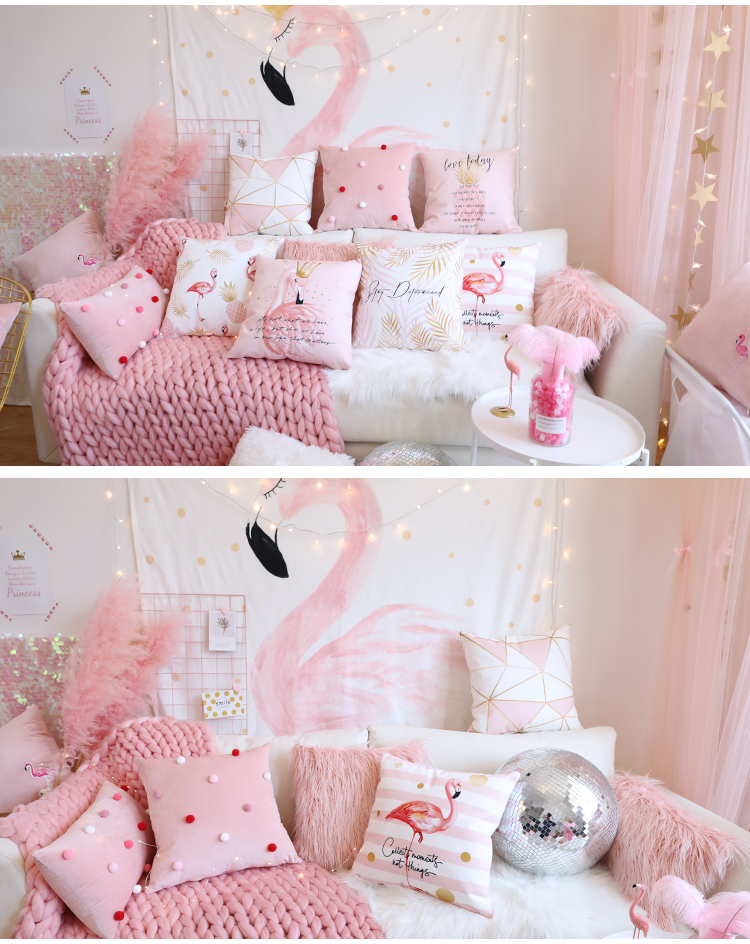 Gối màu hồng công chúa gió dễ thương cô gái trái tim đệm Bắc Âu flamingo lưới màu đỏ sofa ôm gối - Trở lại đệm / Bolsters gối kèm chăn