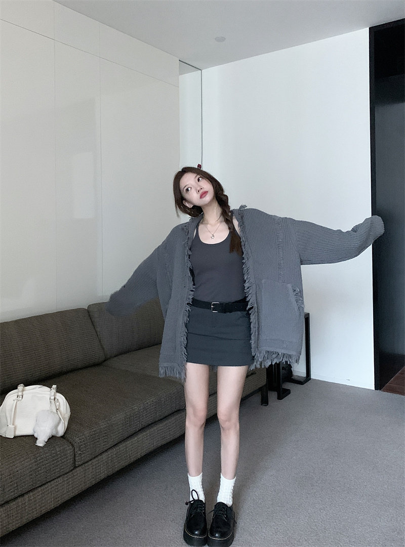 Damen Strickjacke Grobstrick Pullover Grau Langarm Oversize_voghion.com