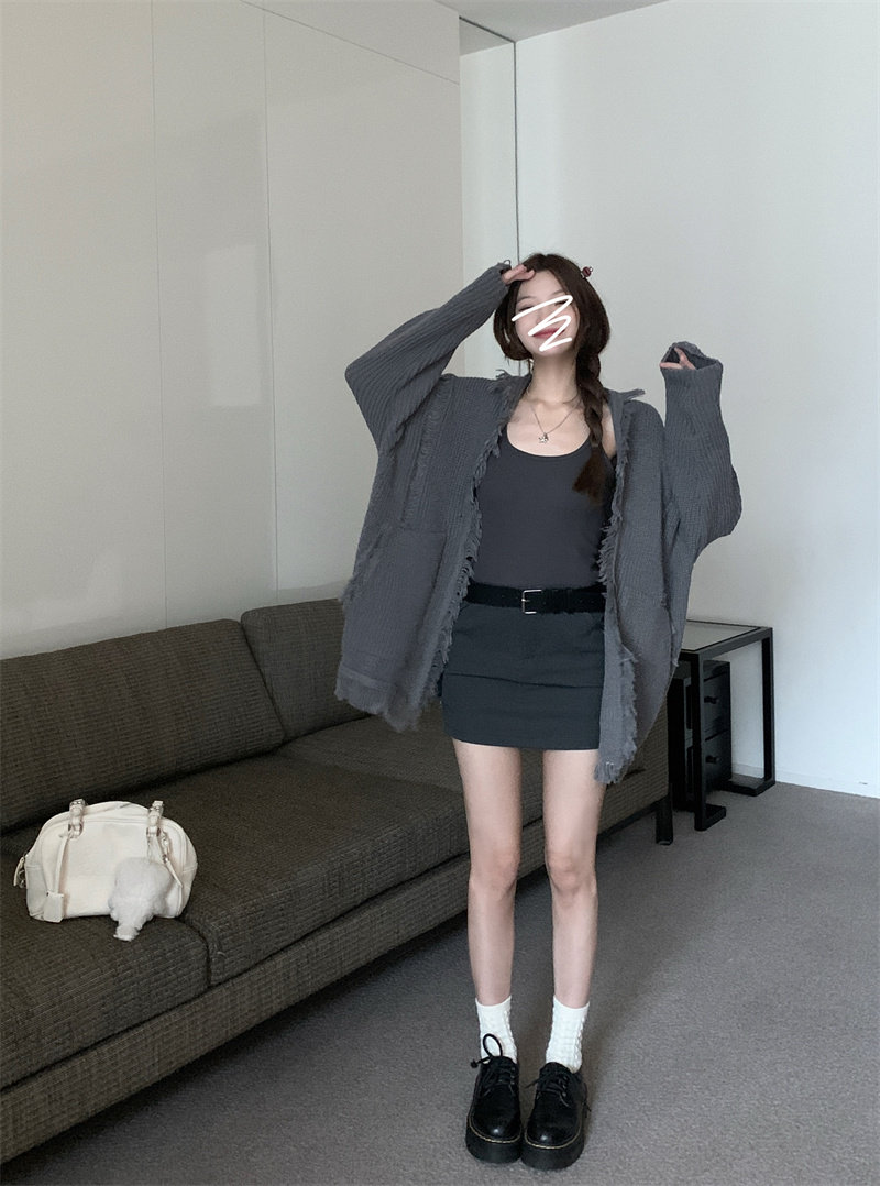Damen Strickjacke Grobstrick Pullover Grau Langarm Oversize_voghion.com