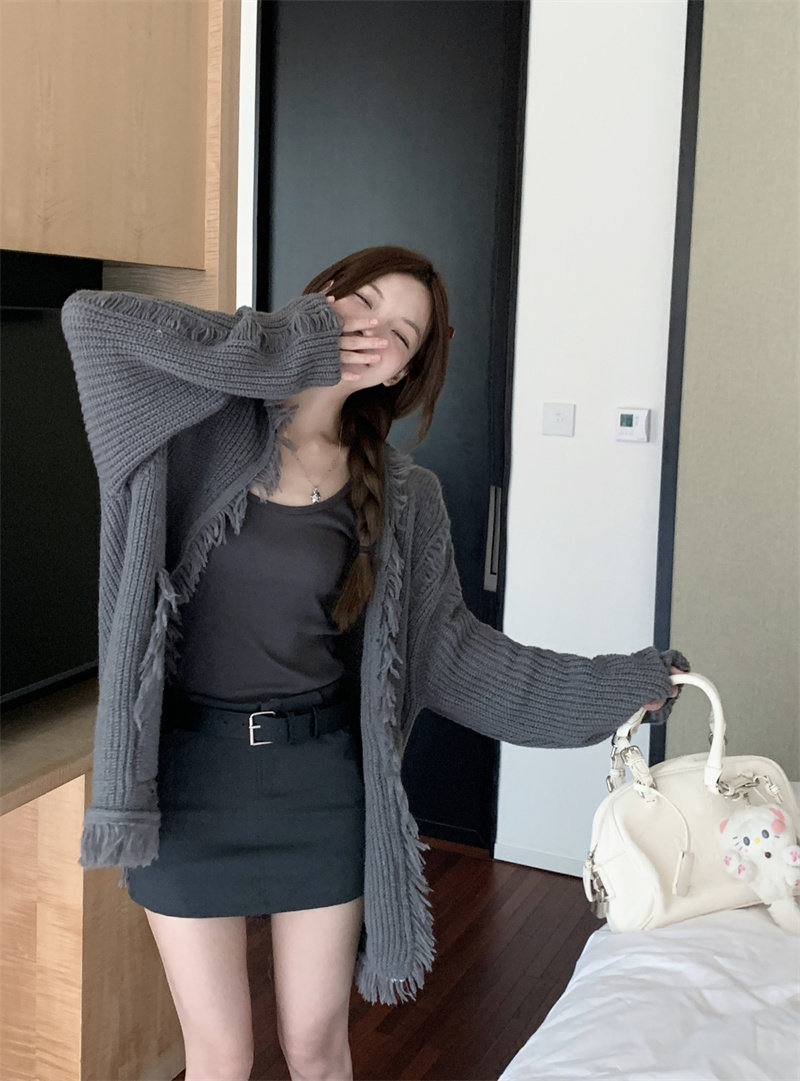 Damen Strickjacke Grobstrick Pullover Grau Langarm Oversize_voghion.com