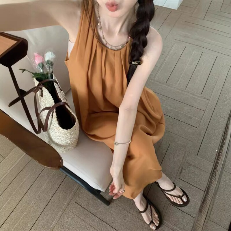 Mango Yellow Dress, Solid Color, Loose Fit, Slimming Dress, Off-Shoulder, in Stock, Real Photos, French Style, Summer Tank Top Mid-Length Dress