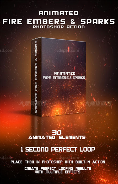 极品PS动作-火焰余烬(GIF动画/30种效果/含高清视频教程)：Animated Fire Embers & Sparks Photoshop Action