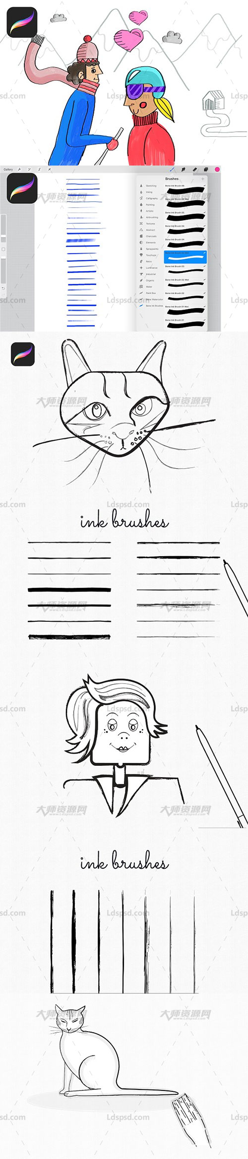 极品Procreate笔刷－30支水墨毛笔效果：Procreate Ink Brushes